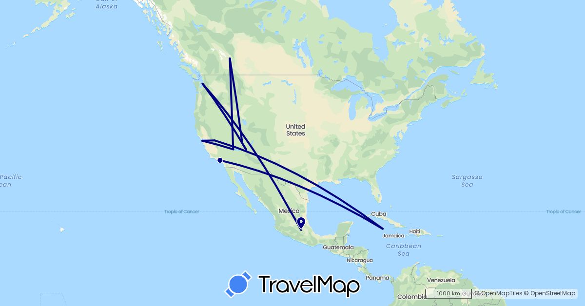 TravelMap itinerary: driving in Canada, Cayman Islands, Mexico, United States (North America)